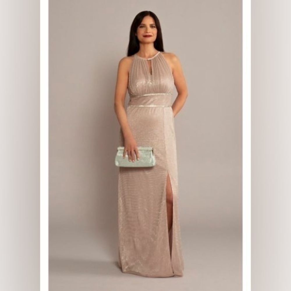 R & M Richards Metallic Knit Keyhole Halter Gown Gold Size 10